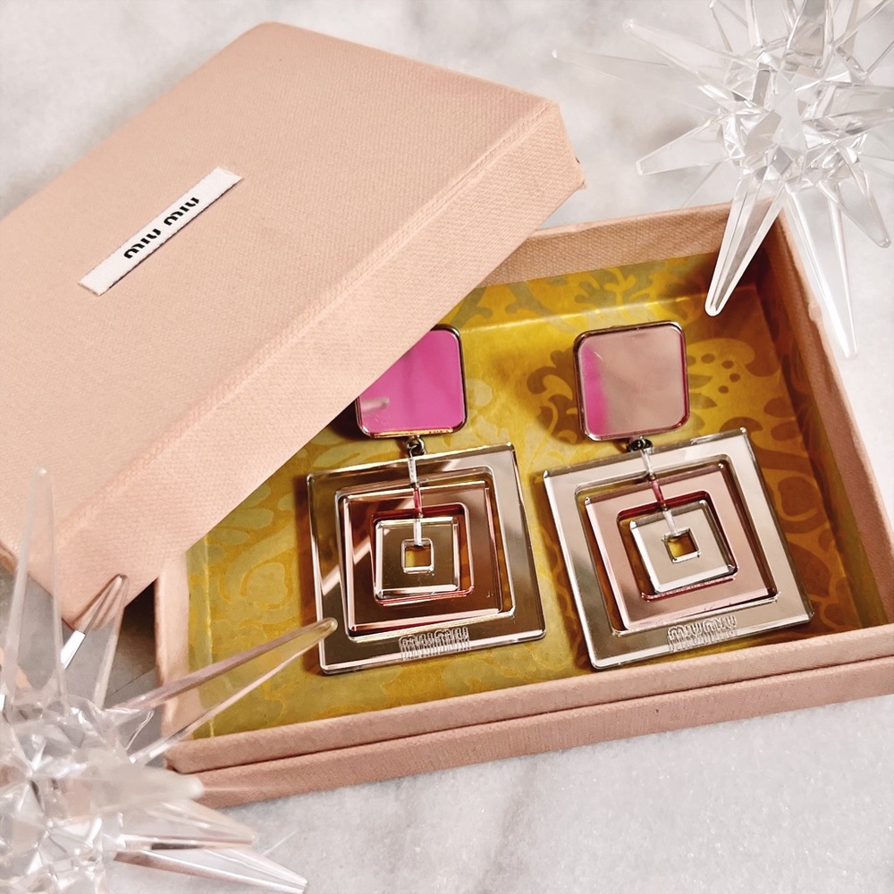 Miu Miu Rare Mirrored Geometric Square Dangled Cl… - image 8